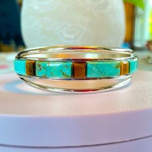 Jay King Hinged Sterling Turquoise & Tiger’s Eye Bangle Bracelet